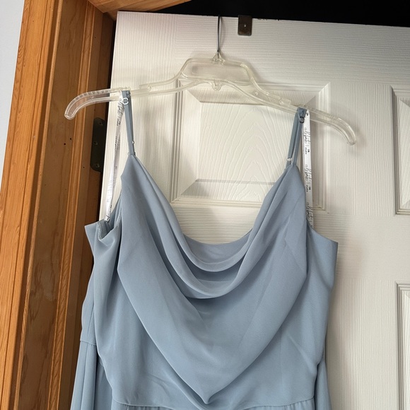 David’s Bridal Dusty Blue Cowl Neck Chiffon Dress - Picture 5 of 7